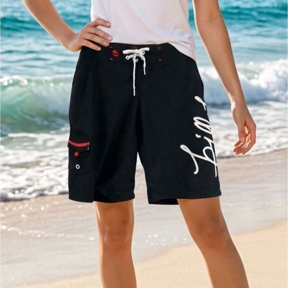 Billabong Black Boardshorts Red Trim Surfer Girl Sport Spellout Swim Shorts